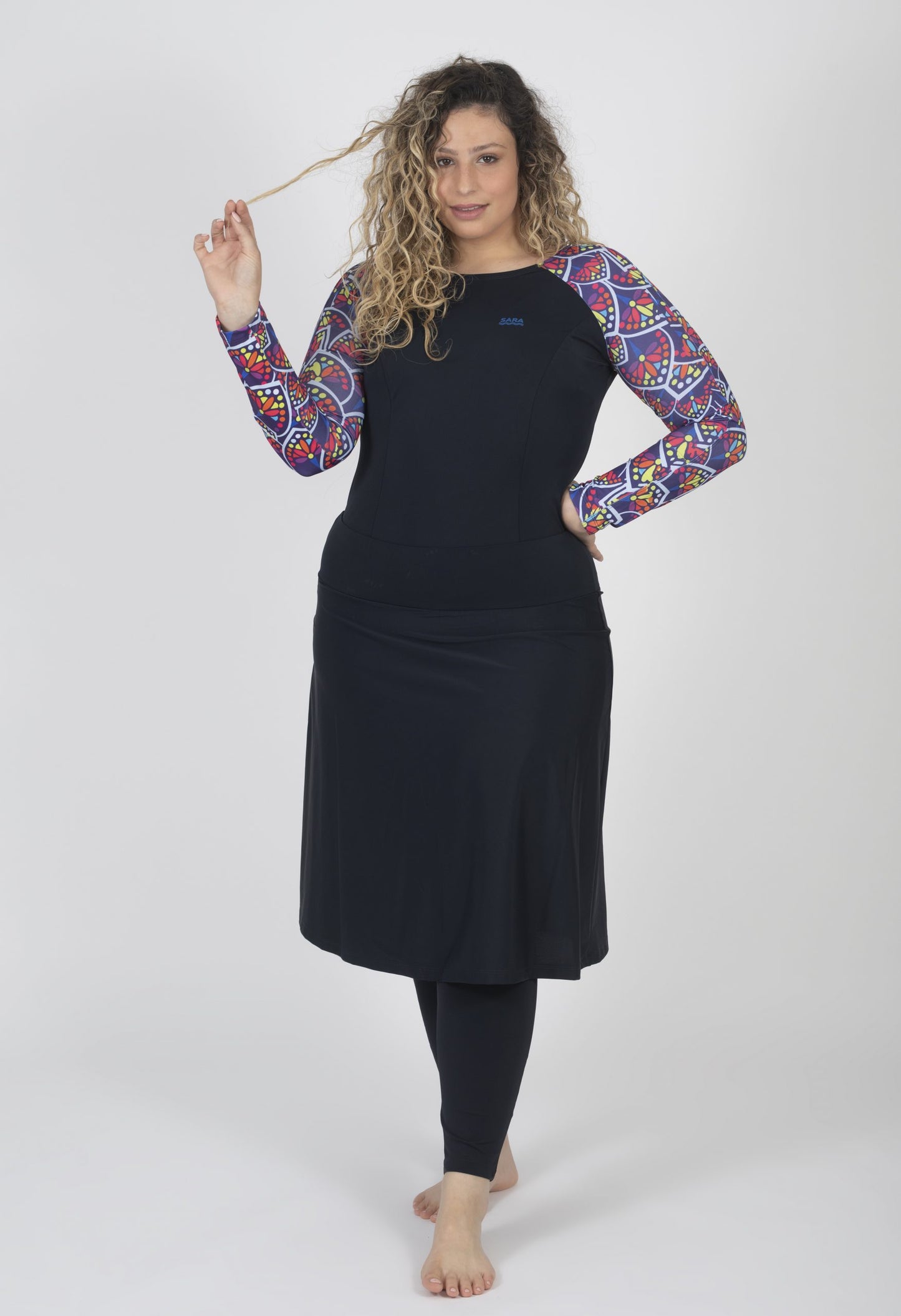 Modest Chic Swimsuit – Long Colorful Leaves Design